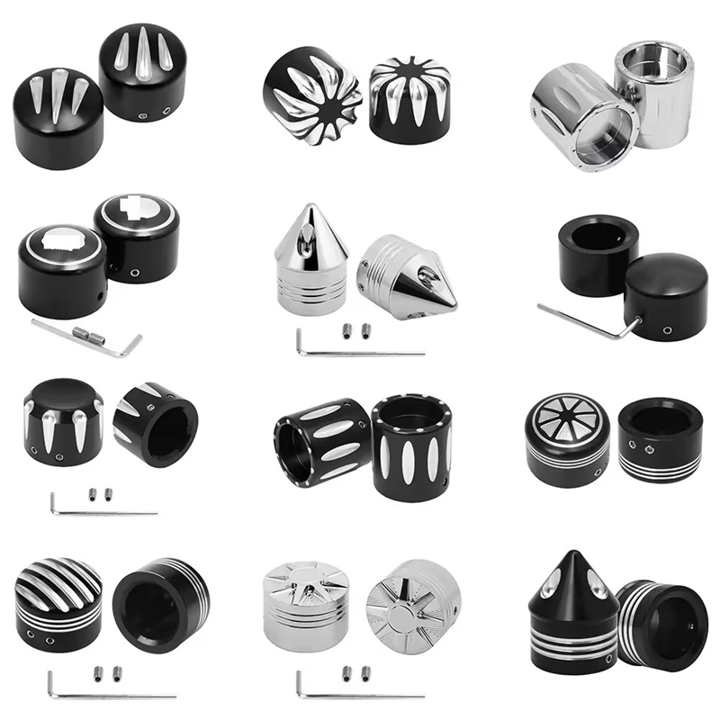 2xMotorcycle Front Axle Nut Covers Caps Aluminum Black/Chrome For Harley Sportster Touring Road Glide Softail Dyna VRSC Fat Bob - 201355758